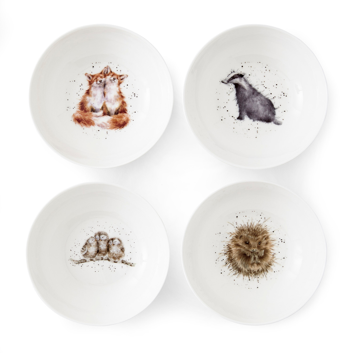 Wrendale Designs Ceral Bowls S/4 Assorted. Badger, Hedgehog, Fox, Owl image number null